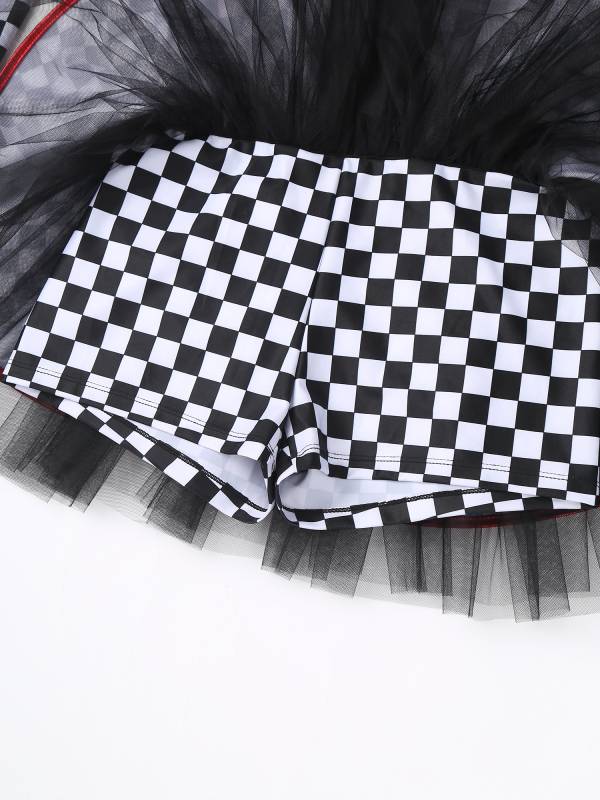 Women Long Sleeve Sequins A-line Tulle Checkerboard Racer Leotard Dress thumb