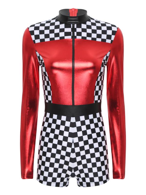 Women Long Sleeve Checkerboard Print Racer Driver Romper thumb