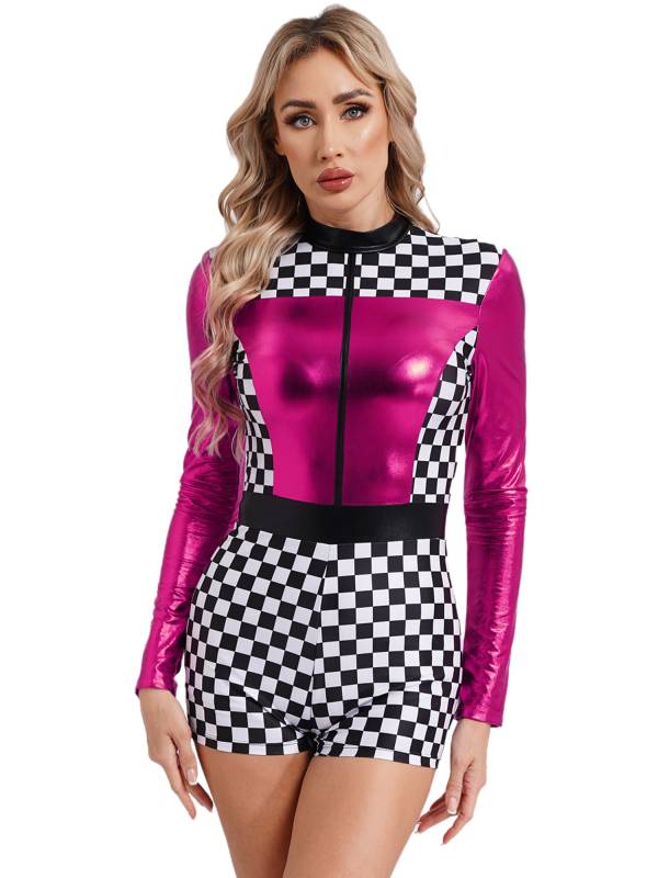 Women Long Sleeve Checkerboard Print Racer Driver Romper thumb