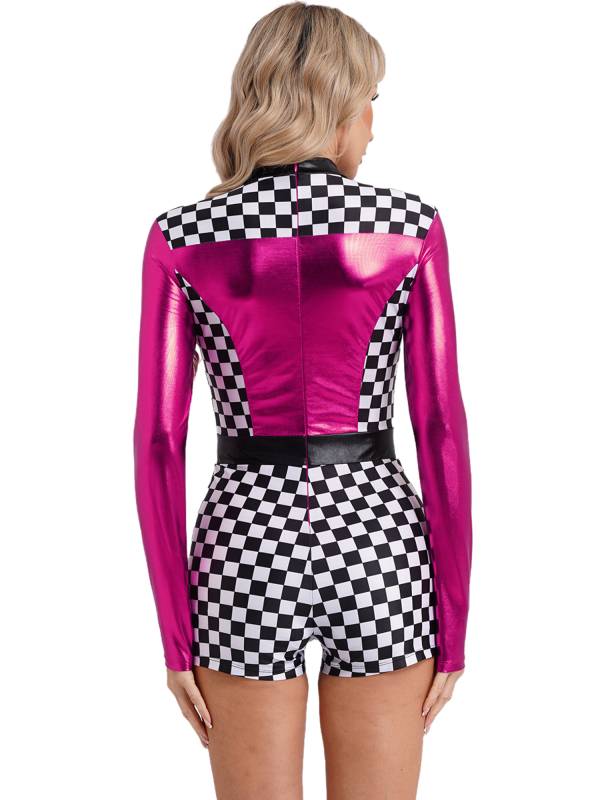 Women Long Sleeve Checkerboard Print Racer Driver Romper thumb