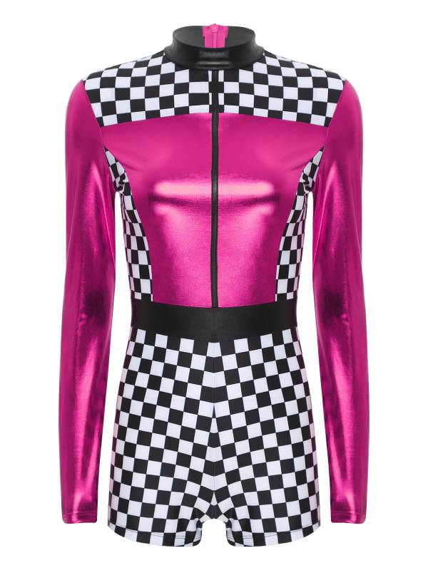 Women Long Sleeve Checkerboard Print Racer Driver Romper thumb