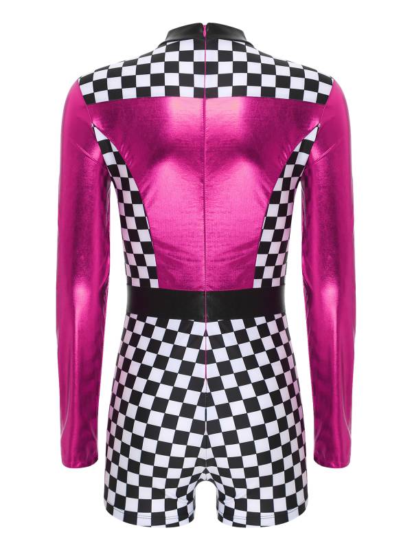 Women Long Sleeve Checkerboard Print Racer Driver Romper thumb