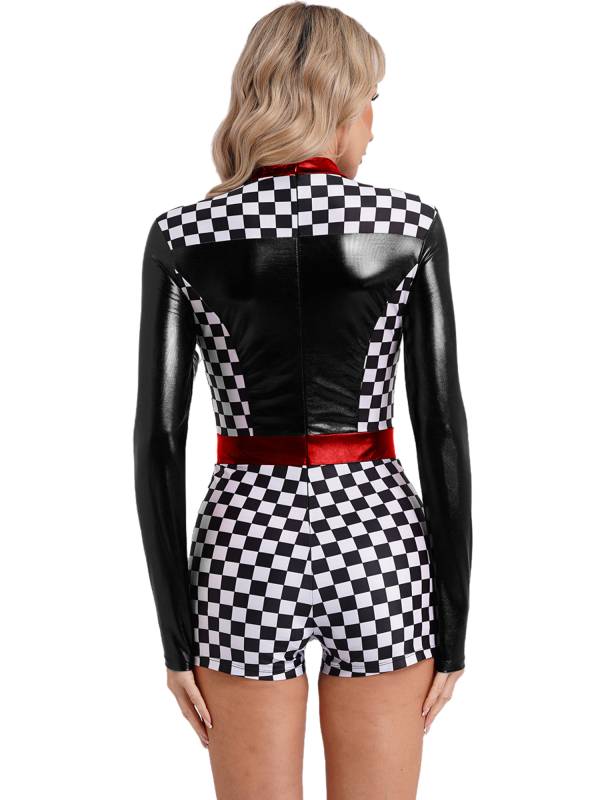 Women Long Sleeve Checkerboard Print Racer Driver Romper thumb