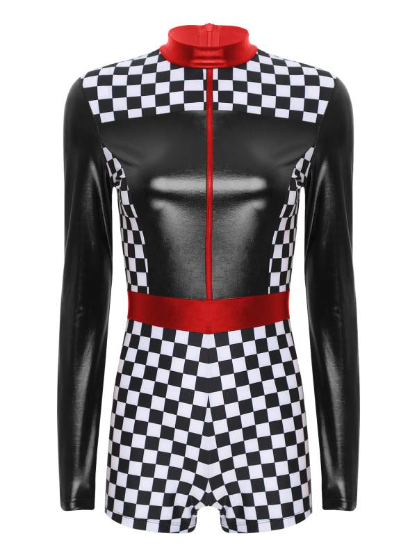 Women Long Sleeve Checkerboard Print Racer Driver Romper thumb