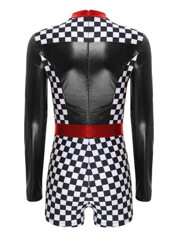 Women Long Sleeve Checkerboard Print Racer Driver Romper thumb