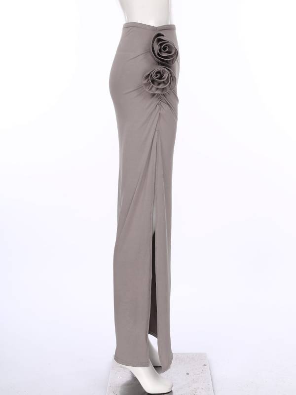 Women 3D Applique Ruched Long Skirt Side Split Slim Fit Skirt thumb