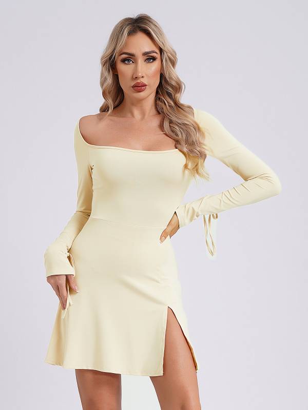 Women Bodycon Mini Dress Long Sleeve Side Slit Cocktail Dress thumb