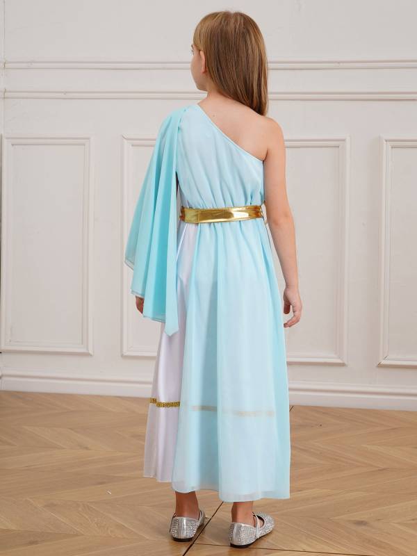 Girls Greek Goddess Toga One Shoulder Tulle Maxi Dress with Metallic Waistband thumb