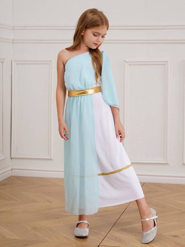 Girls Greek Goddess Toga One Shoulder Tulle Maxi Dress with Metallic Waistband thumb
