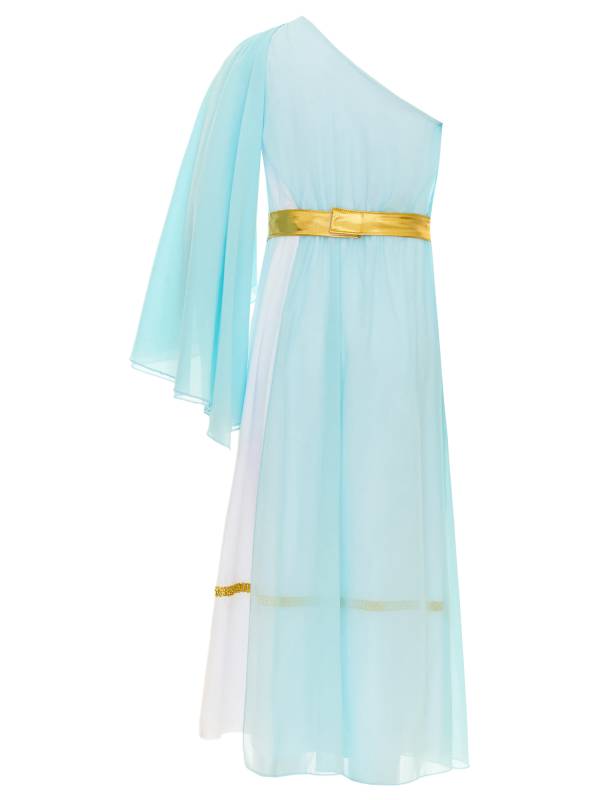 Girls Greek Goddess Toga One Shoulder Tulle Maxi Dress with Metallic Waistband thumb