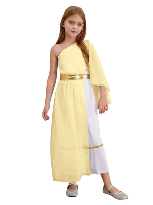 Girls Greek Goddess Toga One Shoulder Tulle Maxi Dress with Metallic Waistband thumb