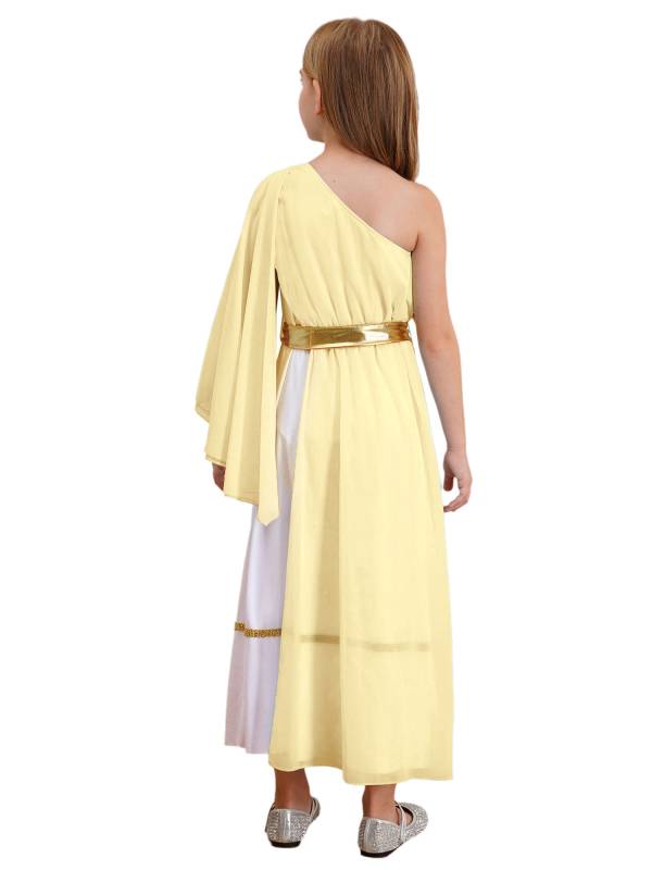 Girls Greek Goddess Toga One Shoulder Tulle Maxi Dress with Metallic Waistband thumb