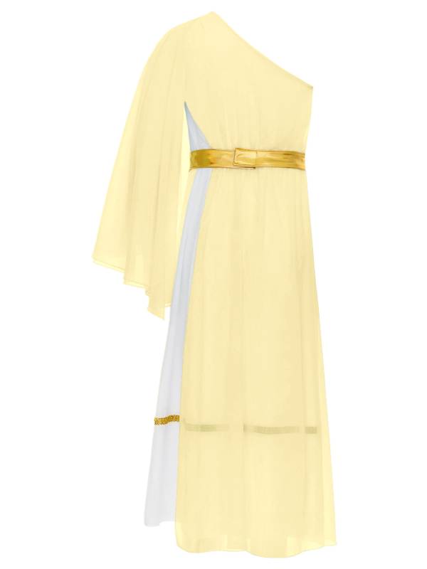 Girls Greek Goddess Toga One Shoulder Tulle Maxi Dress with Metallic Waistband thumb