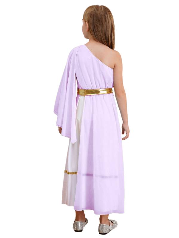 Girls Greek Goddess Toga One Shoulder Tulle Maxi Dress with Metallic Waistband thumb