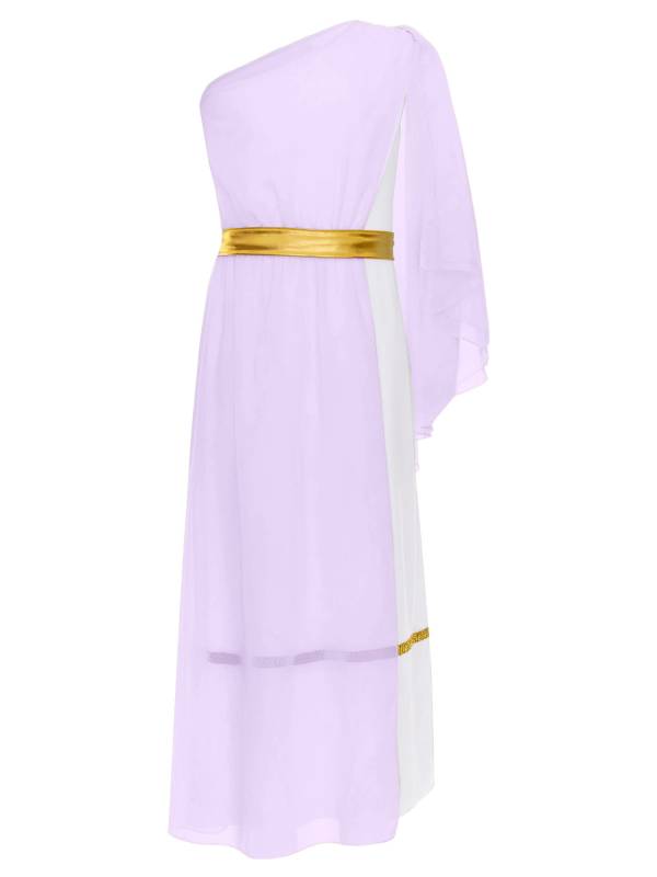 Girls Greek Goddess Toga One Shoulder Tulle Maxi Dress with Metallic Waistband thumb