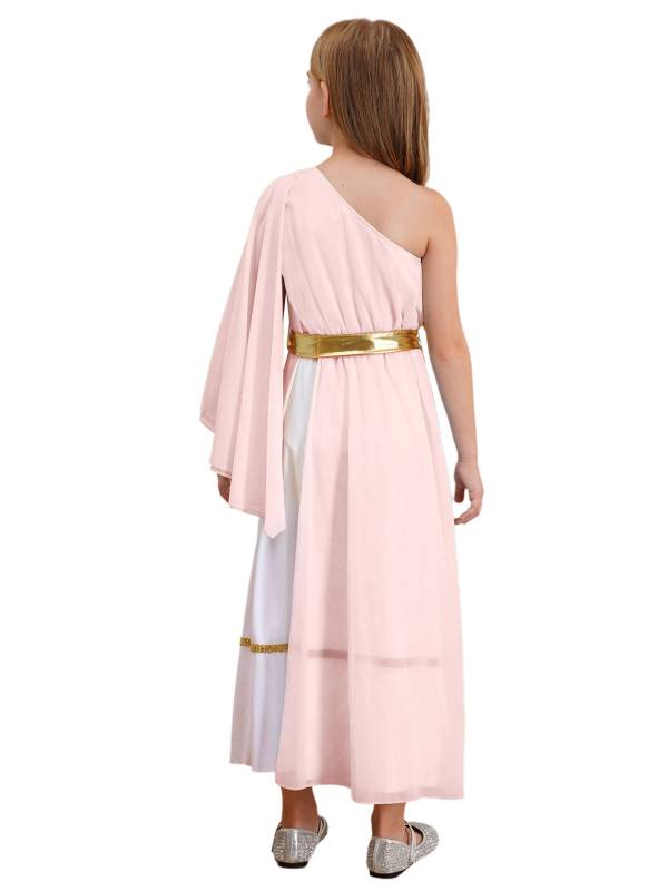 Girls Greek Goddess Toga One Shoulder Tulle Maxi Dress with Metallic Waistband thumb