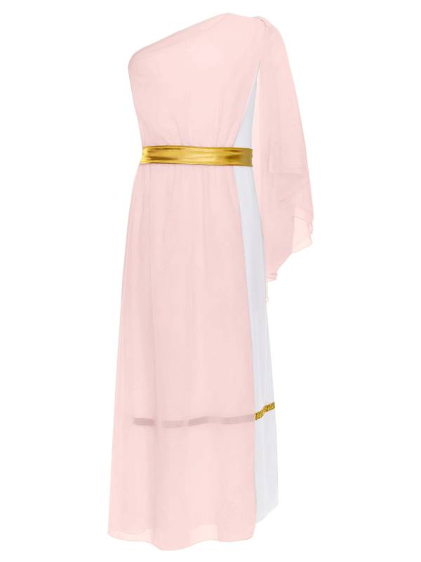 Girls Greek Goddess Toga One Shoulder Tulle Maxi Dress with Metallic Waistband thumb