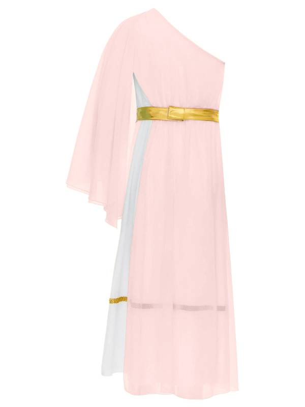 Girls Greek Goddess Toga One Shoulder Tulle Maxi Dress with Metallic Waistband thumb