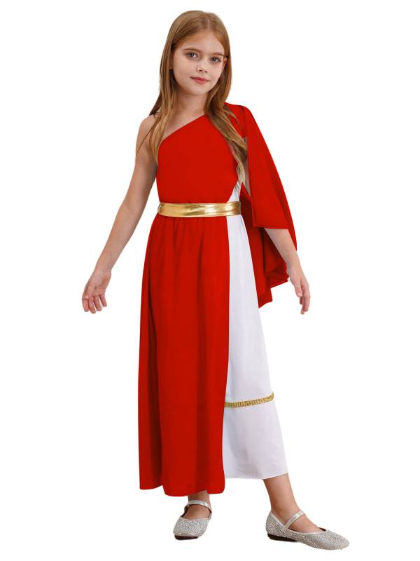 Girls Greek Goddess Toga One Shoulder Tulle Maxi Dress with Metallic Waistband thumb