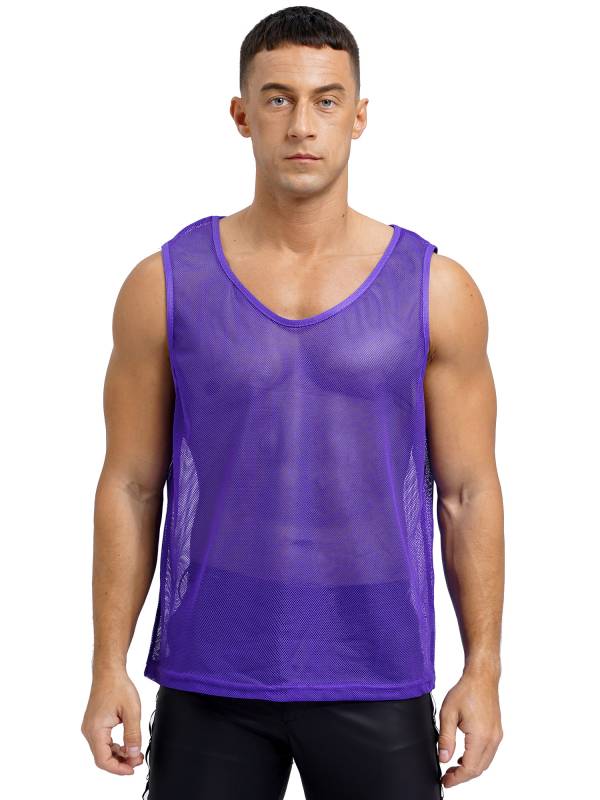 Men Hollow Out Mesh Round Neck Sleeveless Training Tank Top thumb