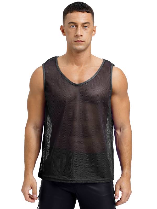 Men Hollow Out Mesh Round Neck Sleeveless Training Tank Top thumb