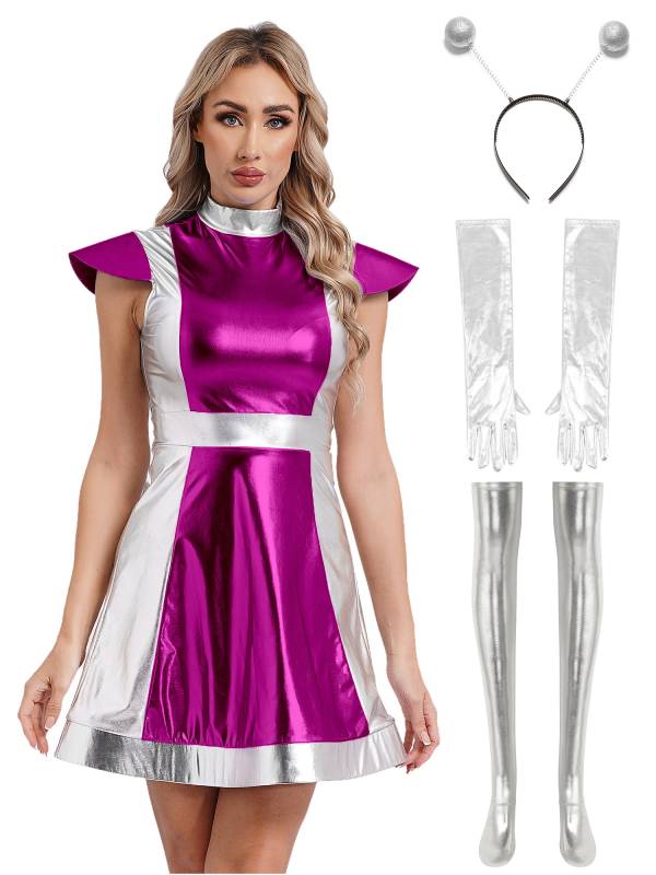Women 6pcs Metallic A-line Dress with Long Gloves and Stockings Alien Costume thumb
