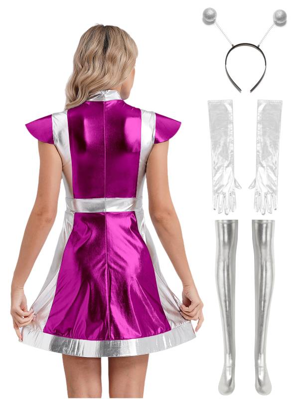 Women 6pcs Metallic A-line Dress with Long Gloves and Stockings Alien Costume thumb