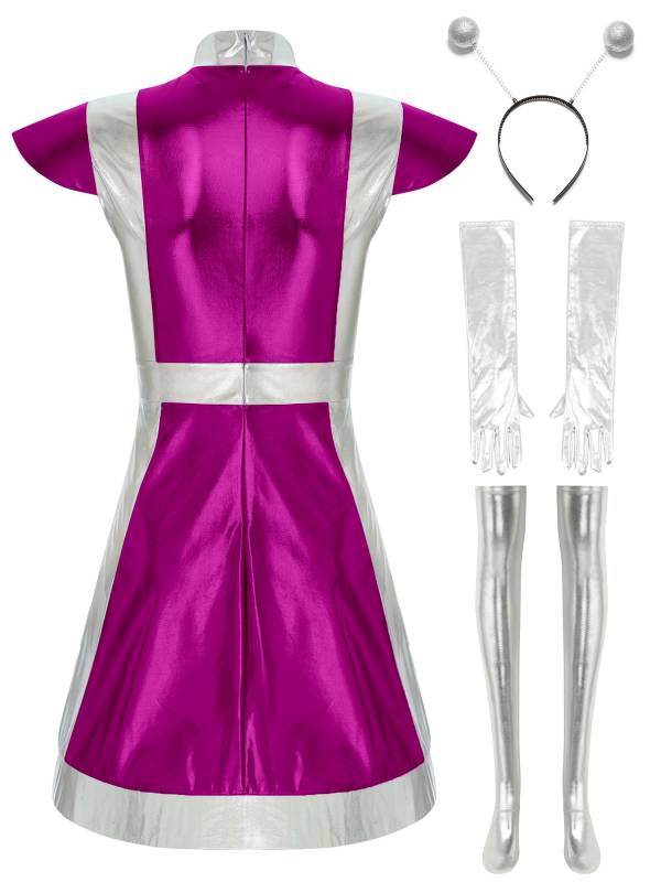 Women 6pcs Metallic A-line Dress with Long Gloves and Stockings Alien Costume thumb