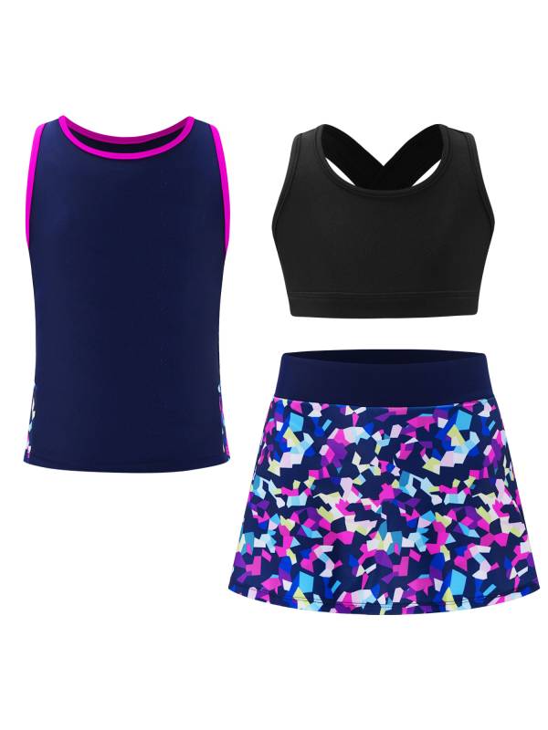 Kids Girls 3pcs Keyhole Crop Top with Vest and Skirt Sports Set for Tennis thumb