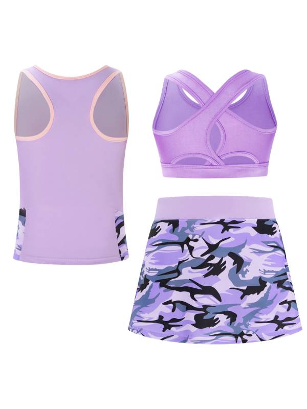 Kids Girls 3pcs Keyhole Crop Top with Vest and Skirt Sports Set for Tennis thumb