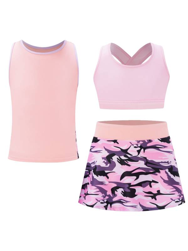 Kids Girls 3pcs Keyhole Crop Top with Vest and Skirt Sports Set for Tennis thumb