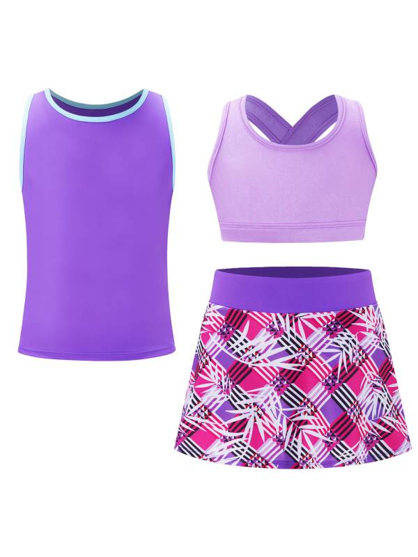 Kids Girls 3pcs Keyhole Crop Top with Vest and Skirt Sports Set for Tennis thumb