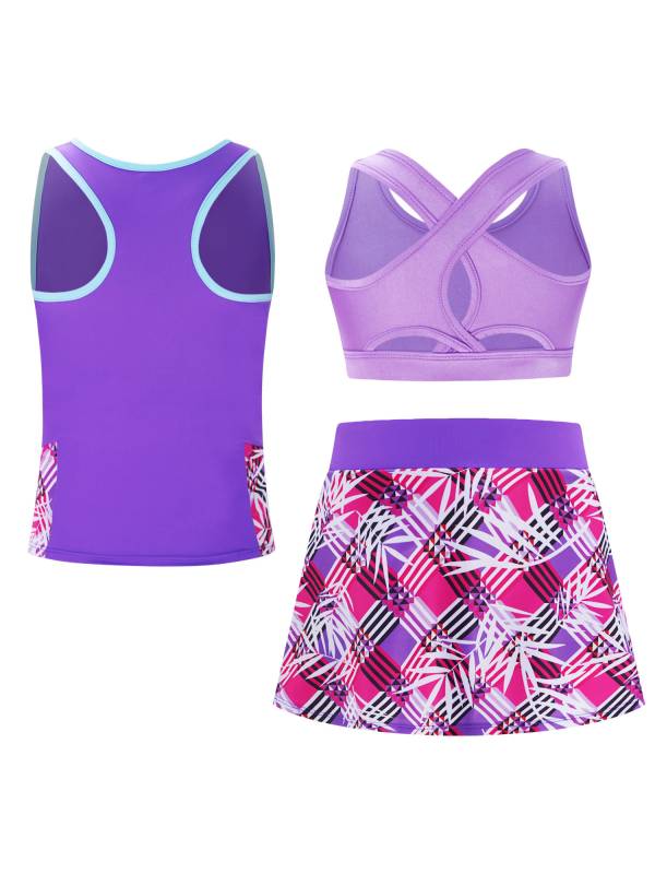 Kids Girls 3pcs Keyhole Crop Top with Vest and Skirt Sports Set for Tennis thumb