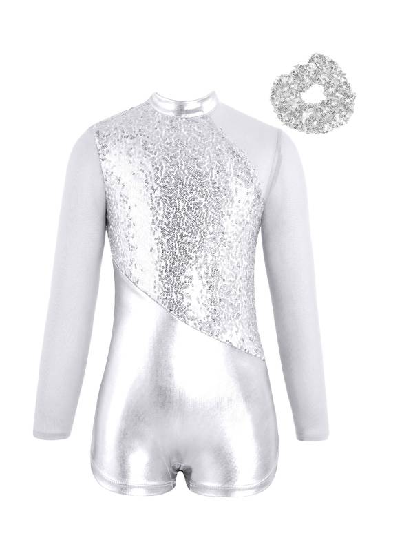 Kids Girls Long Sleeve Sequins Metallic Gymnastic Leotard with Headwear thumb
