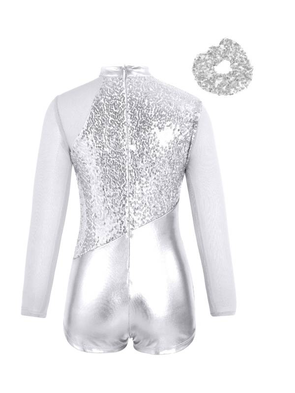 Kids Girls Long Sleeve Sequins Metallic Gymnastic Leotard with Headwear thumb