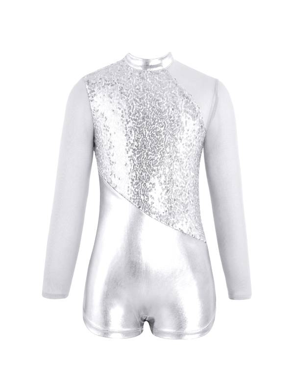 Kids Girls Long Sleeve Sequins Metallic Gymnastic Leotard with Headwear thumb