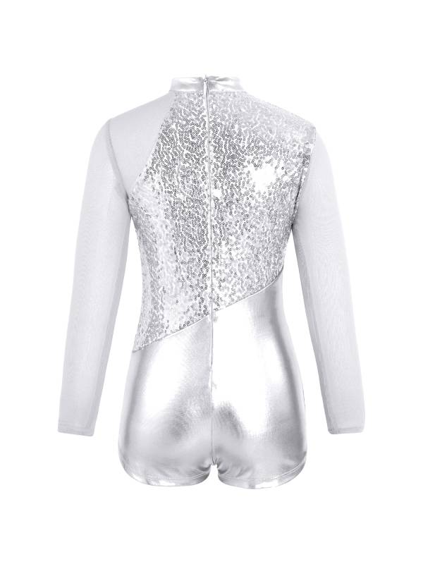 Kids Girls Long Sleeve Sequins Metallic Gymnastic Leotard with Headwear thumb
