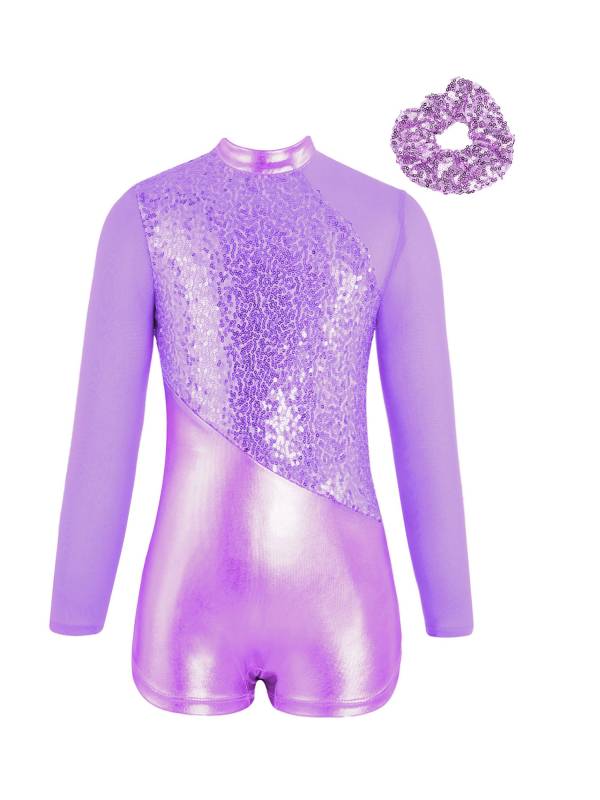 Kids Girls Long Sleeve Sequins Metallic Gymnastic Leotard with Headwear thumb