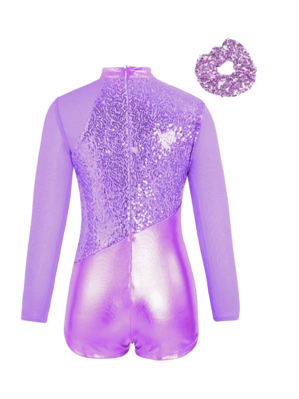Kids Girls Long Sleeve Sequins Metallic Gymnastic Leotard with Headwear thumb