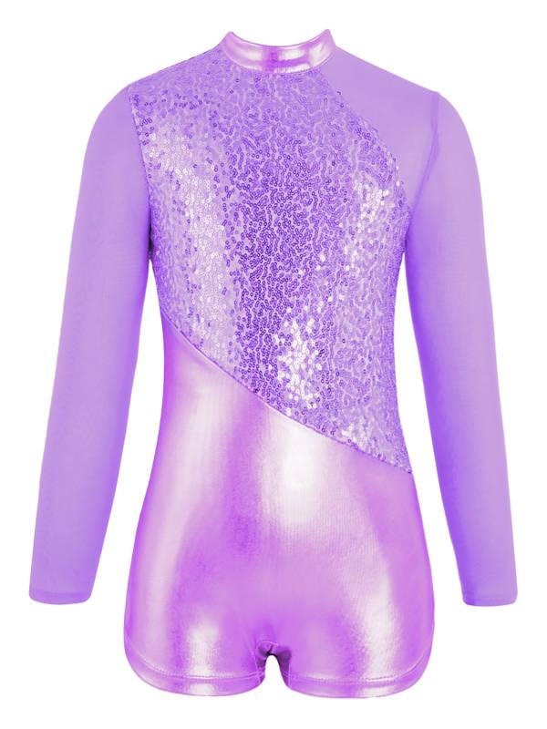 Kids Girls Long Sleeve Sequins Metallic Gymnastic Leotard with Headwear thumb