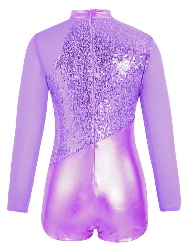 Kids Girls Long Sleeve Sequins Metallic Gymnastic Leotard with Headwear thumb