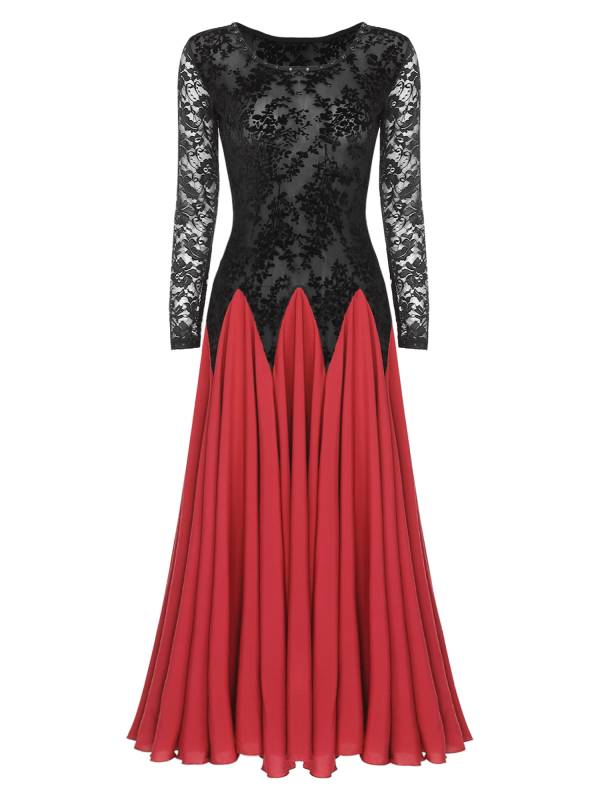 Women Ballroom Dance Dress Long Sleeve Lace for Waltz Cha-Cha thumb