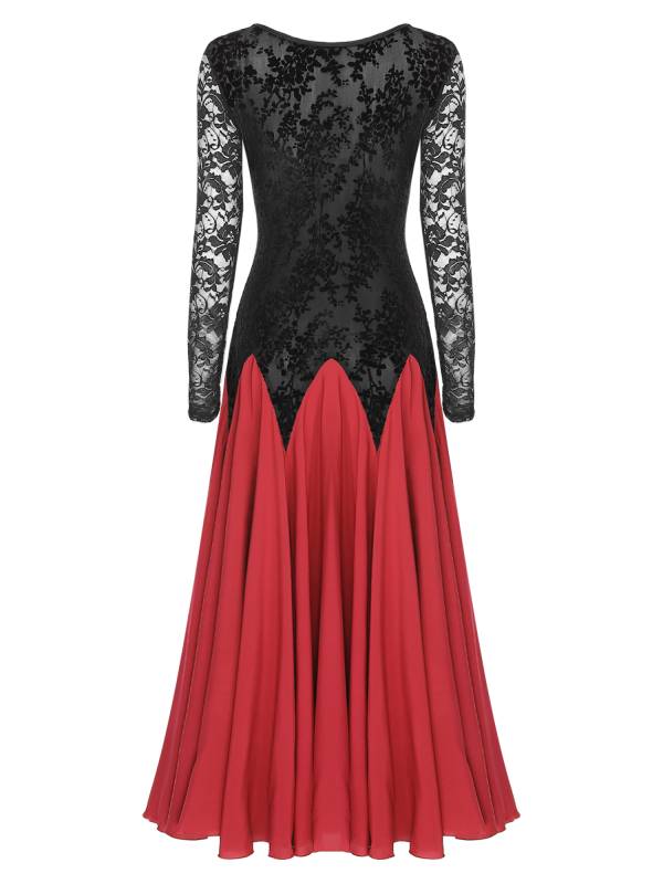 Women Ballroom Dance Dress Long Sleeve Lace for Waltz Cha-Cha thumb