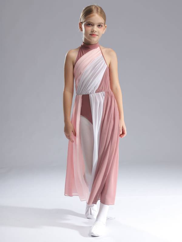 Kids Girls Sleeveless Colorblock Side Slit Chiffon Maxi Dress for Lyrical Dance thumb