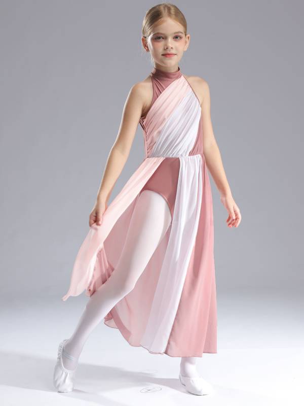 Kids Girls Sleeveless Colorblock Side Slit Chiffon Maxi Dress for Lyrical Dance thumb