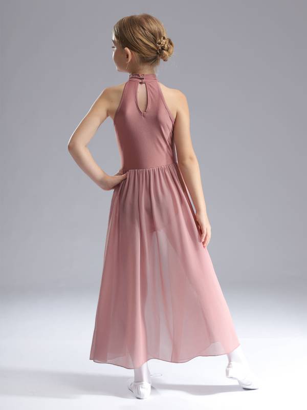 Kids Girls Sleeveless Colorblock Side Slit Chiffon Maxi Dress for Lyrical Dance thumb