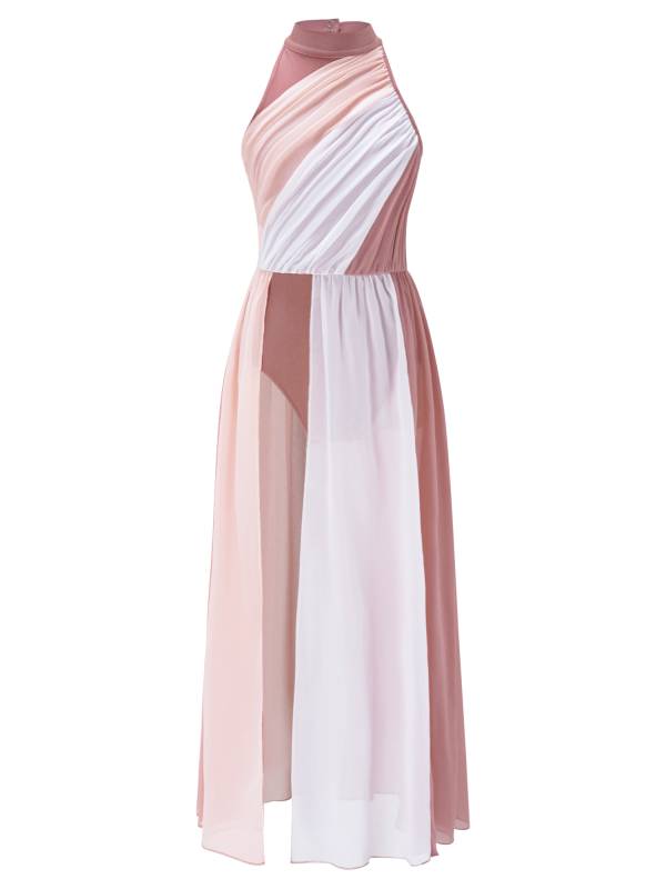 Kids Girls Sleeveless Colorblock Side Slit Chiffon Maxi Dress for Lyrical Dance thumb