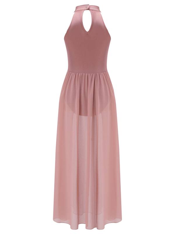 Kids Girls Sleeveless Colorblock Side Slit Chiffon Maxi Dress for Lyrical Dance thumb