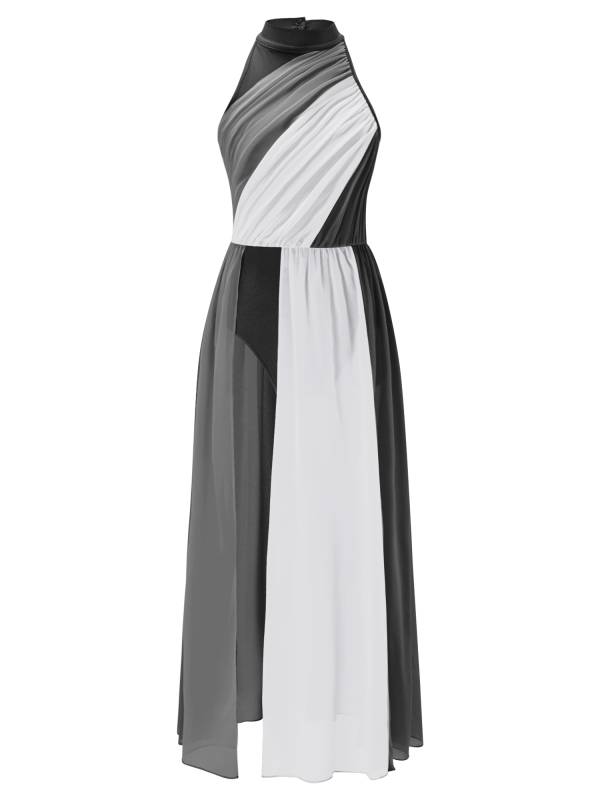 Kids Girls Sleeveless Colorblock Side Slit Chiffon Maxi Dress for Lyrical Dance thumb