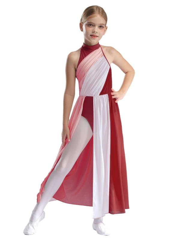 Kids Girls Sleeveless Colorblock Side Slit Chiffon Maxi Dress for Lyrical Dance thumb